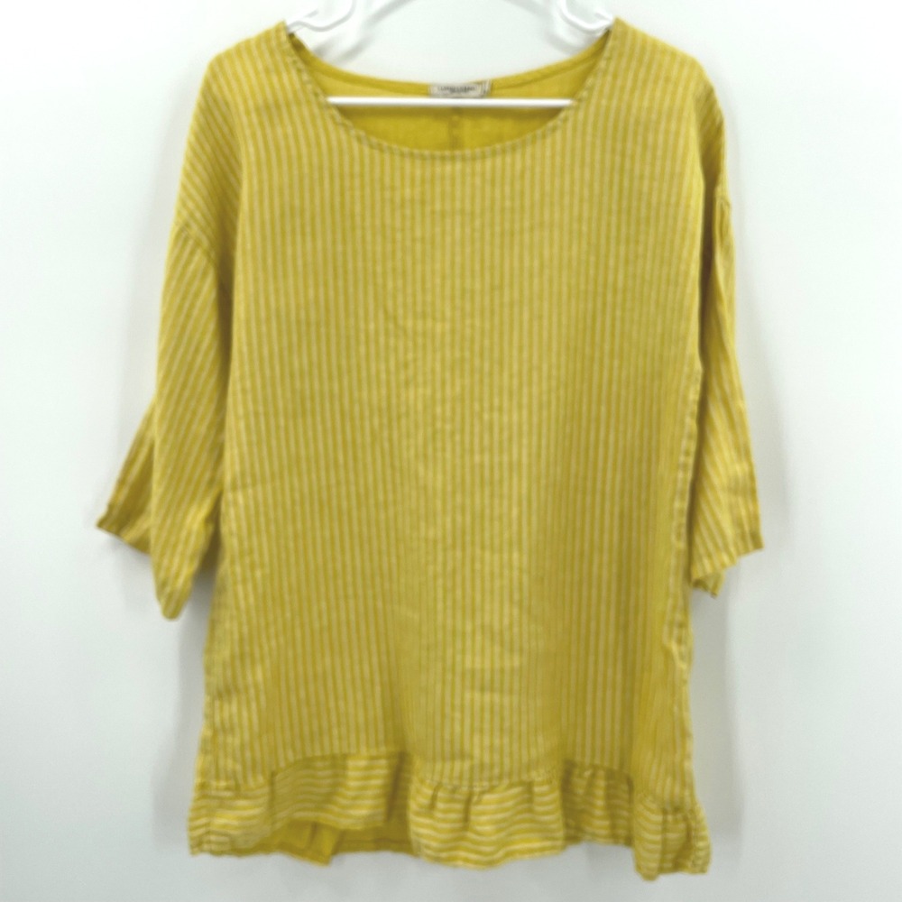 Lungo L'arno Womens Tunic Lg. EUC 100% Linen Italy Striped Ruffle Lagenlook Boho